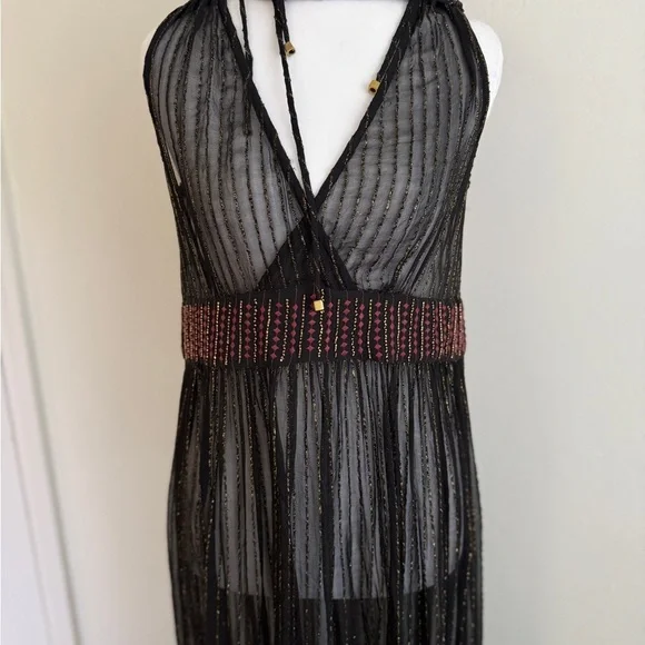 Anthropologie Black & Gold Metallic, Midi Dress by Floriat Size Small - Picture 4 of 16